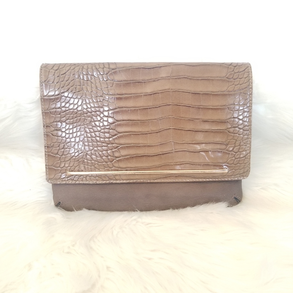Aldo Brown Tan Clutch Bag Faux Animal Skin Pocket Vegan Skinny Purse Zipper Back